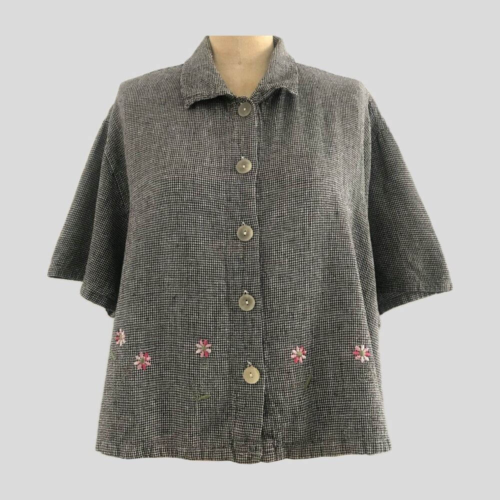 Vintage 90s Black White Floral Embroidered Cropped Short Sleeve Top, Womens M/L